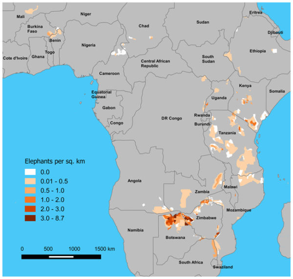 Presença de elefantes por milha quadrada na África