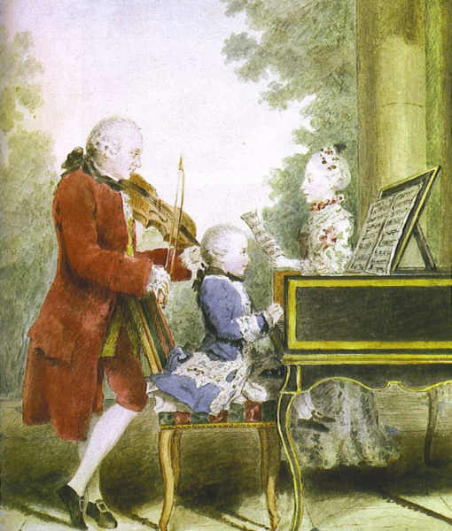 A família de Wolfgang Amadeus Mozart em ação. Com o pai Leopold e a irmã Nannerl, em gravura da época.